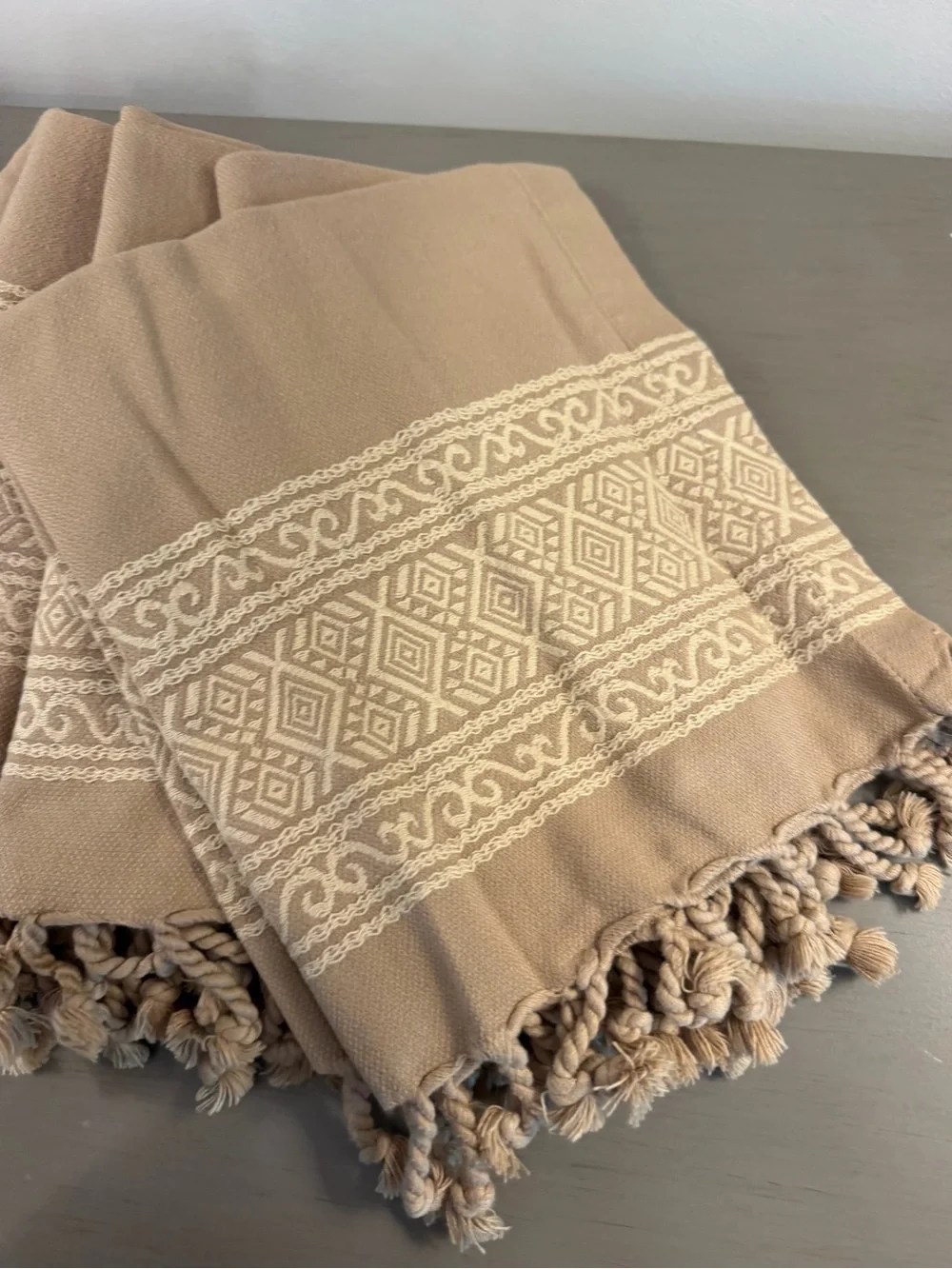 Pottery Barn Cotton Rope Fringe Napkins SET OF 6 Tan Neutral Boho Southwestern